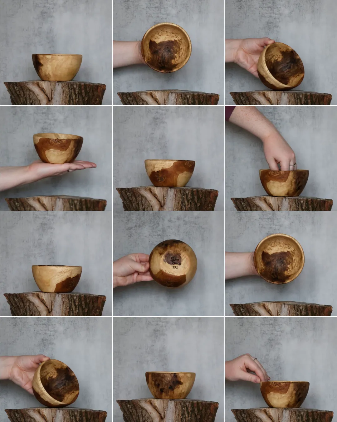 Multi-angle photo collage of hand-turned burl wood bowl by Sims Slabs
